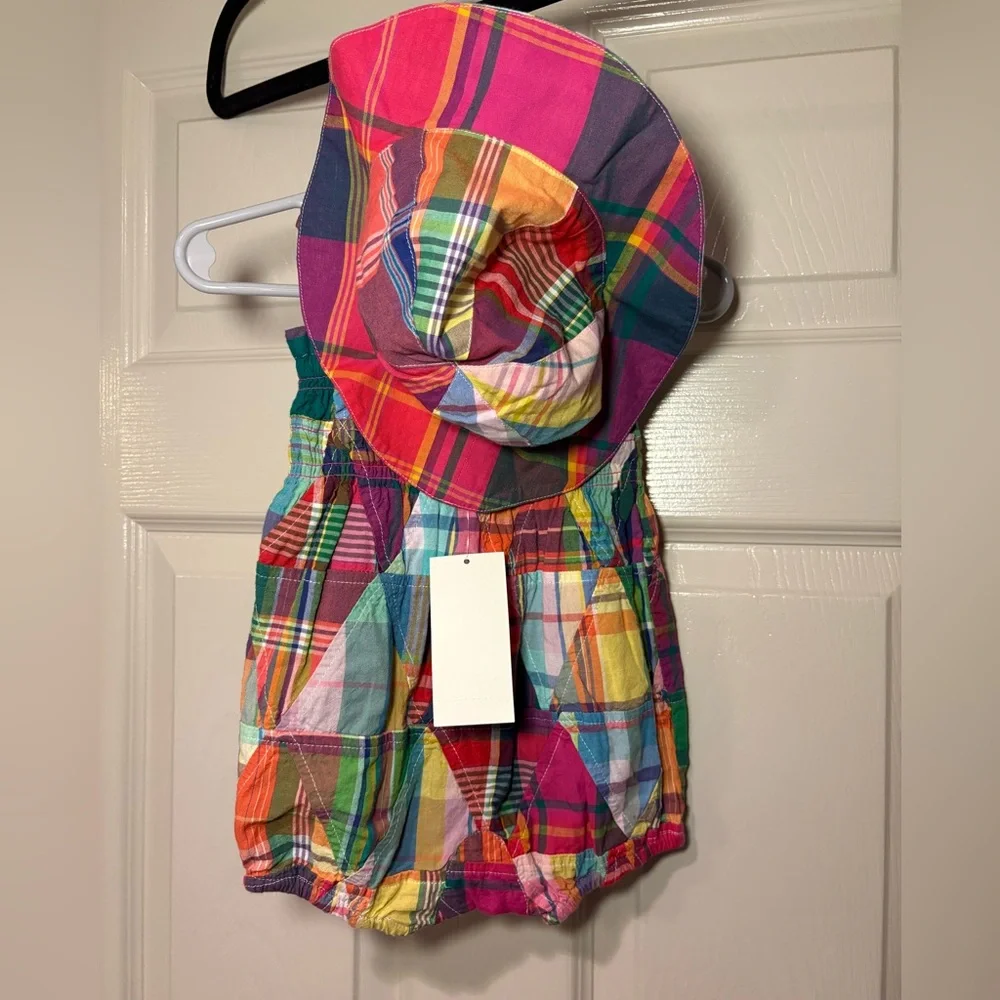 NWT Polo Ralph Lauren Baby Girl’s Madras Bubble Shortall & Hat Set Summer Preppy